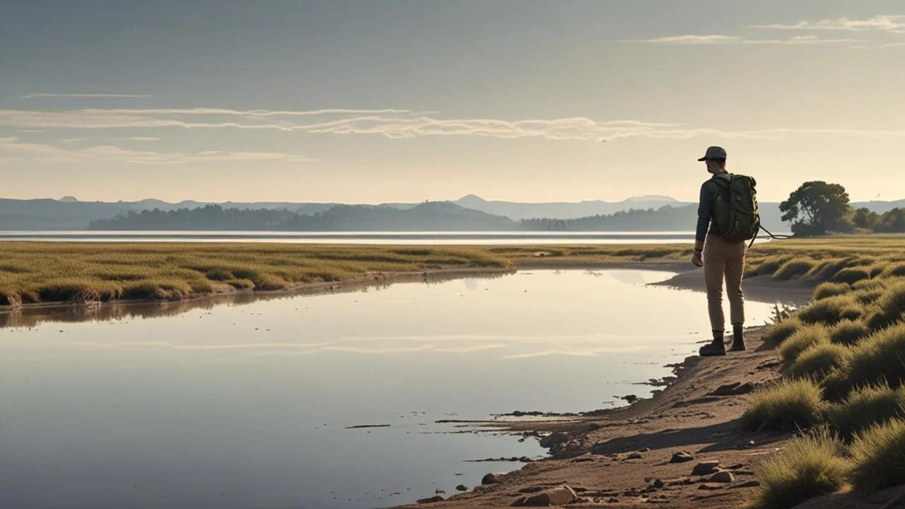 Solitario caminante, lago sereno, horizonte distante