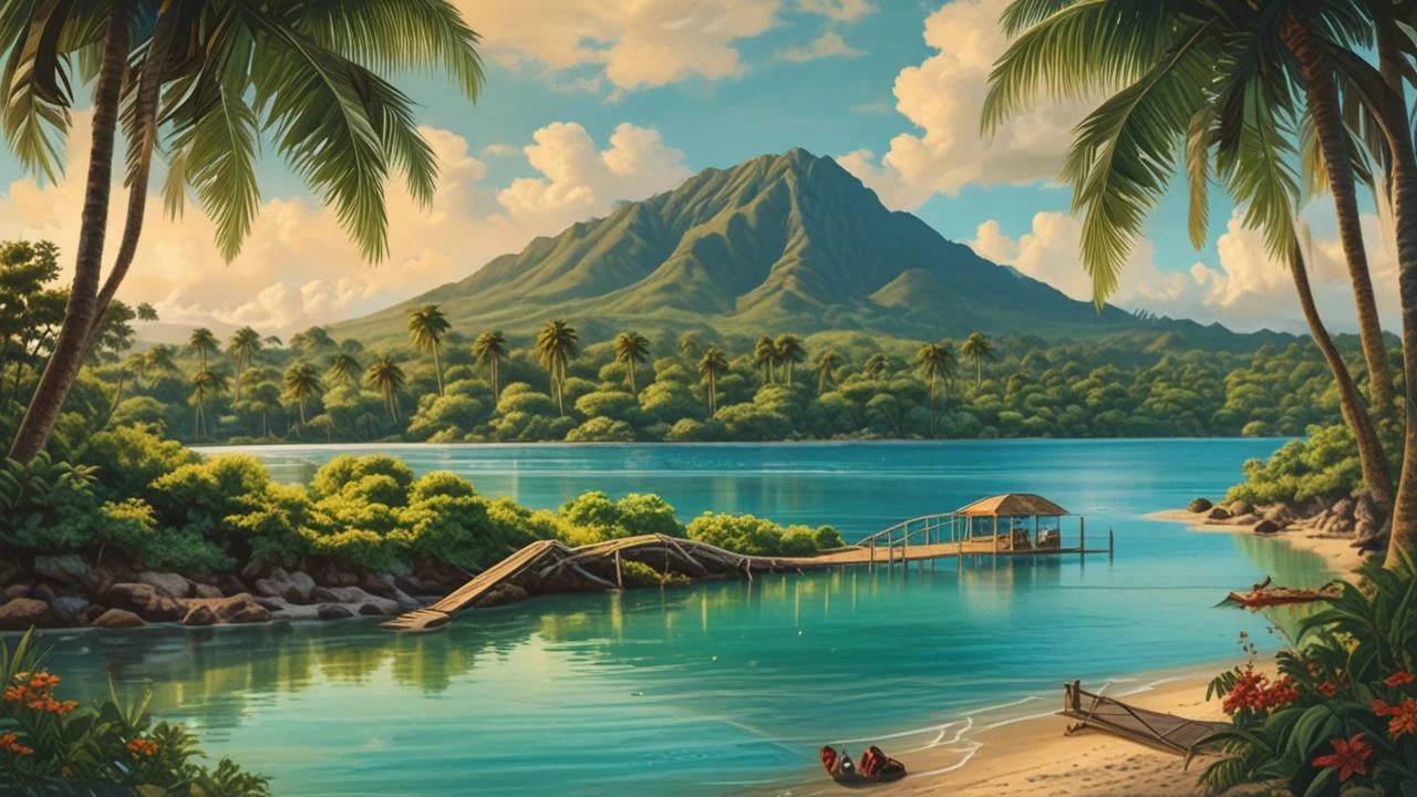 Tranquila laguna tropical, cielo azul