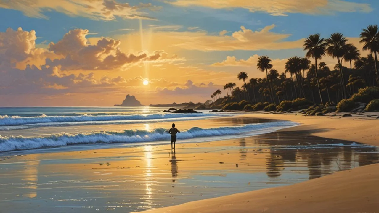 Un playa soleada, serena y vasta
