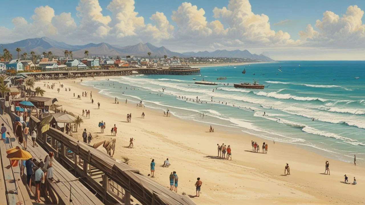 Playa soleada, tranquila y vibrante