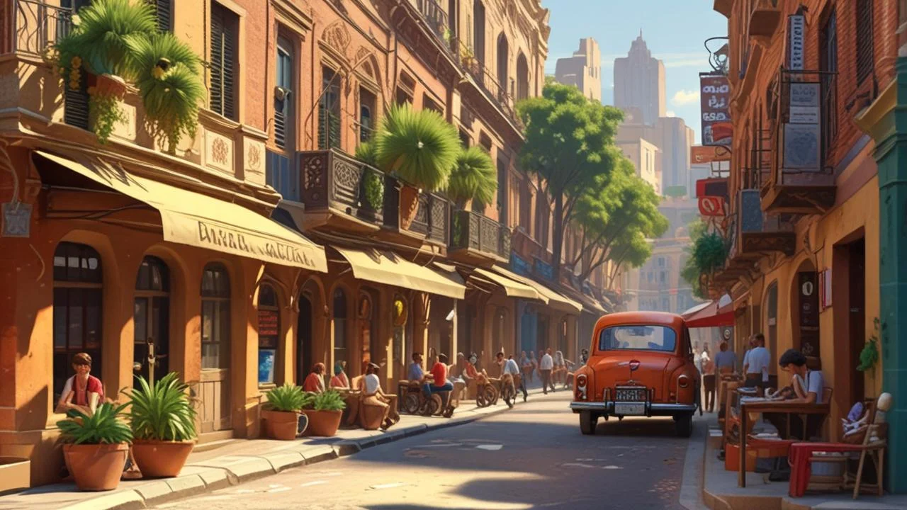 Una calle soleada, bulliciosa y colorida